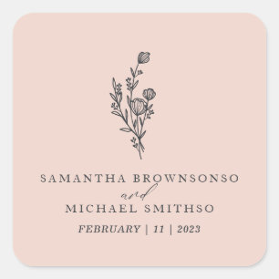 Sticker Carré Bouquet de fleurs roses Nom Floral Minimal Mariage
