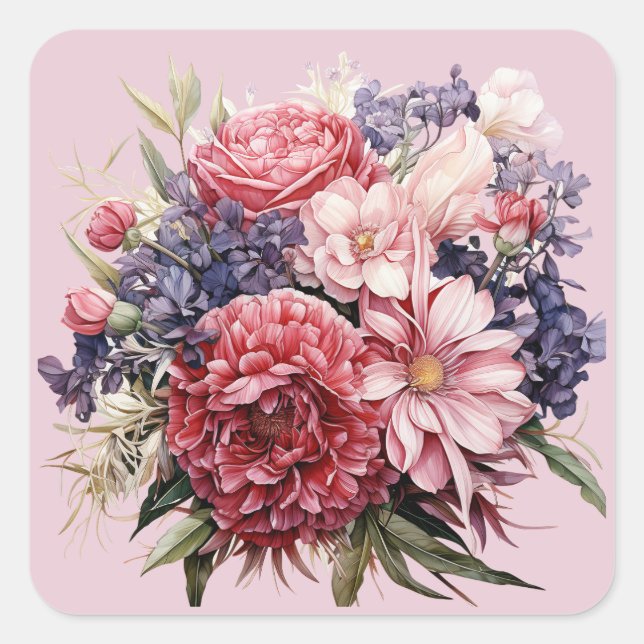 Sticker Carré Bouquet de Mariage Bordeaux Rose Violet (Devant)