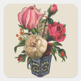Sticker Carré Bouquet de roses à fleurs de style victorien rose