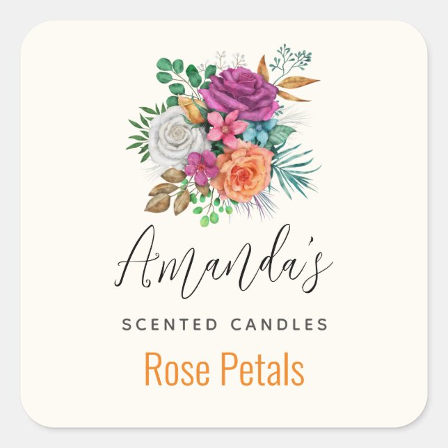 Sticker Carré Bouquet de roses roses, orange et blanches Bougie  (Devant)