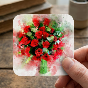 Sticker Carré Bouquet de roses rouges aquarelle sur fond blanc