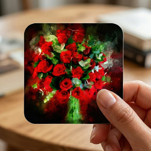 Sticker Carré Bouquet de roses rouges aquarelle sur fond noir