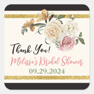 Sticker Carré Bouquet floral noir, ivoire, or