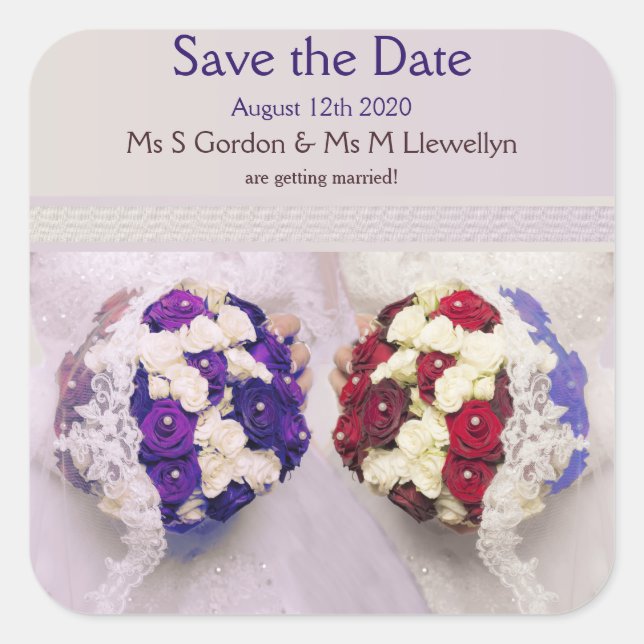 Sticker Carré Bouquet Mariées lesbiennes Mariage Enregistrer la  (Devant)