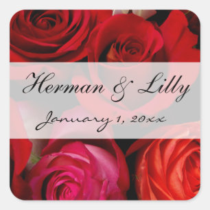 Sticker Carré Bouquet Rose rouge Mariage personnalisé