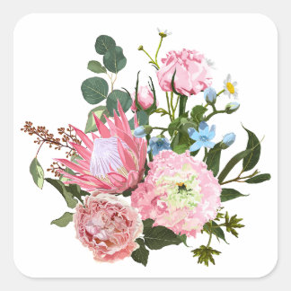 Sticker Carré Bouquet tropical aux fleurs roses.