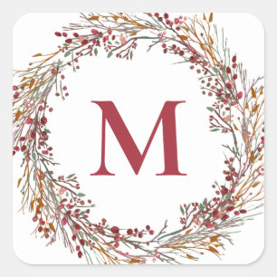 Sticker Carré Bourgogne Berries Wreath Monogram Holiday