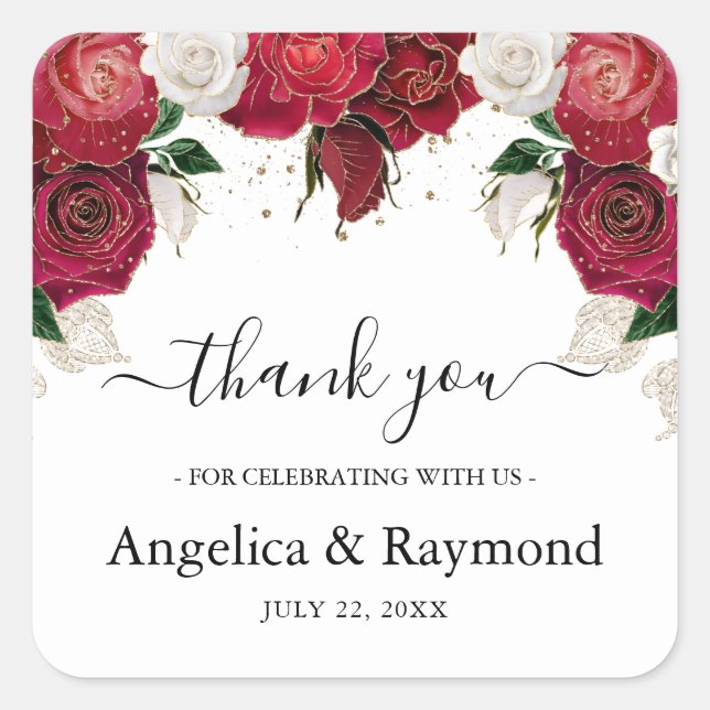 Sticker Carré Bourgogne & Blanc Elégant Merci de mariage (Devant)