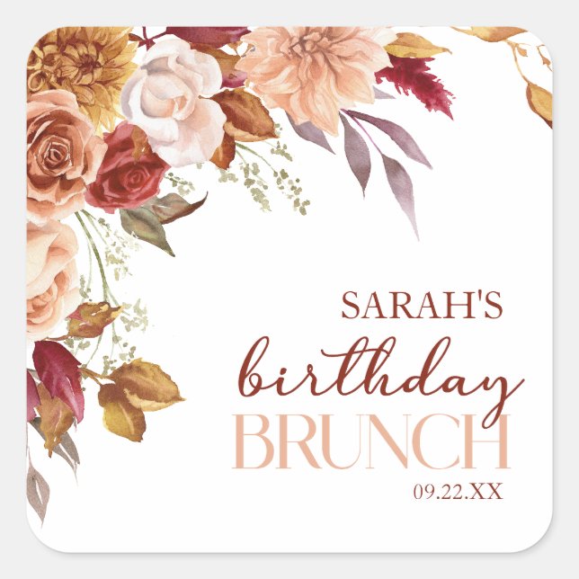 Sticker Carré Bourgogne Burnt Orange Floral Anniversaire Brunch (Devant)