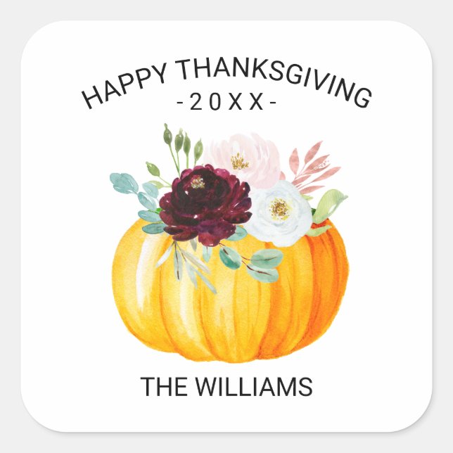 Sticker Carré Bourgogne Citrouille Floral Bon thanksgiving perso (Devant)