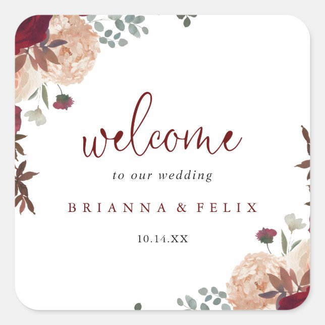 Sticker Carré Bourgogne Rose Blush Floral Mariage Bienvenue (Devant)