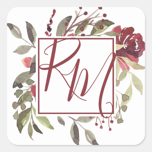 Sticker Carré Bourgogne Rose Carré Monogram Aquarelle (Devant)