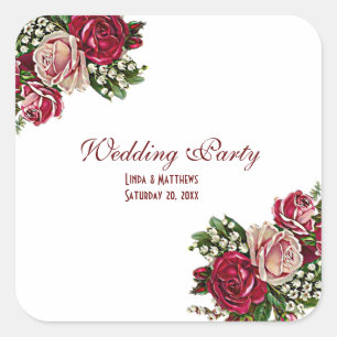 Sticker Carré Bourgogne Rouge Rustique Rose Mariage campagnard F