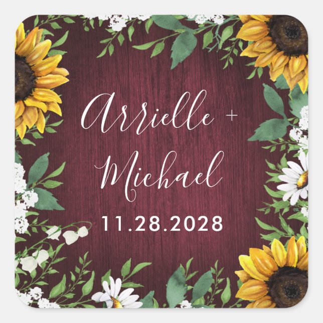 Sticker Carré Bourgogne Rouge Tournesol Vert Mariage Faveurs (Devant)