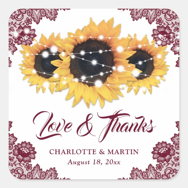 Sticker Carré Bourgogne Rustique Chic Sunflower Mariage Merci (Devant)