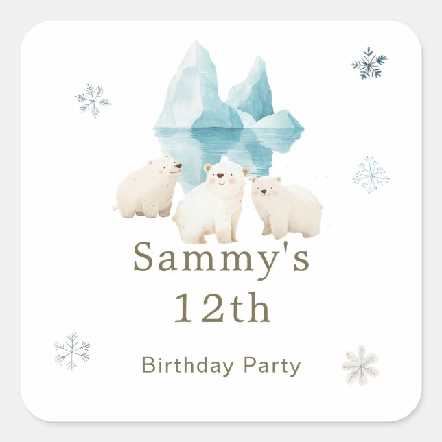 Sticker Carré Bours polaires d'hiver mignons Fête d'anniversaire (Devant)