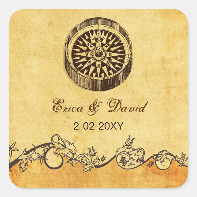 Sticker Carré boussole rustique mariage nautique enveloppe les p (Devant)
