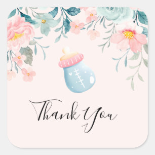 Sticker Carré Bouteille Bébé Bleu & Rose avec bordure Fleur