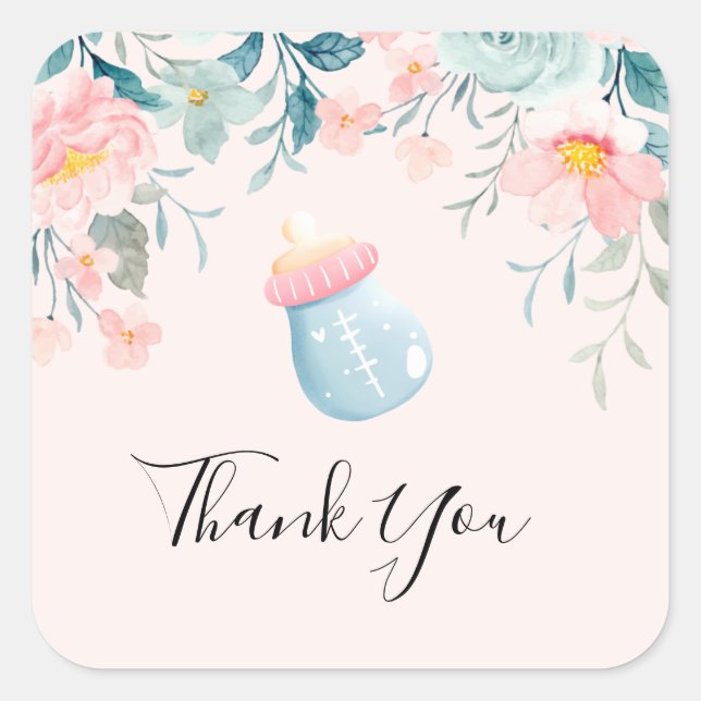 Sticker Carré Bouteille Bébé Bleu & Rose avec bordure Fleur (Devant)