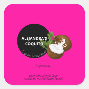 Sticker Carré Bouteille de Coquito Rose Chaud Éclatant au Coco