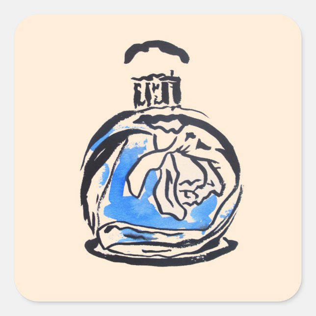 Sticker Carré Bouteille de parfum d'illustration de mode bleue (Devant)