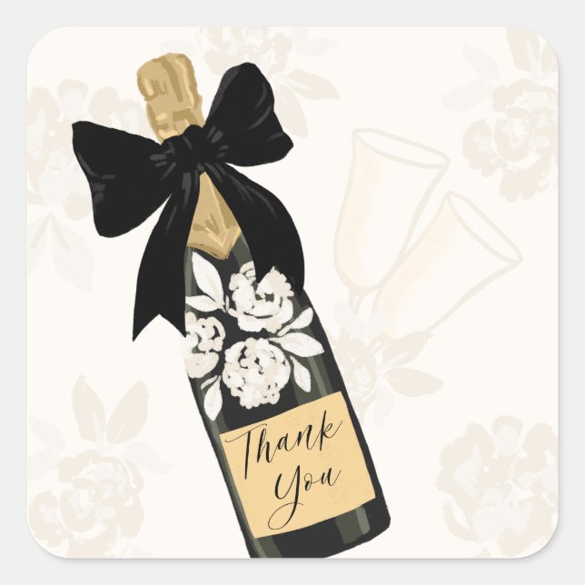 Sticker Carré Bouteille de vin pétillant noir Merci Ruban (Devant)