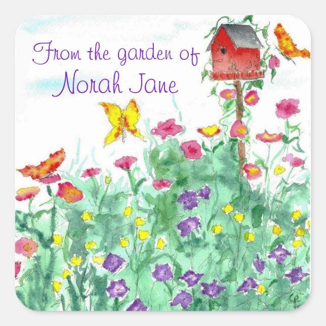 Sticker Carré Bouteille rouge Fleur de papillon Jardin Aquarelle (Devant)