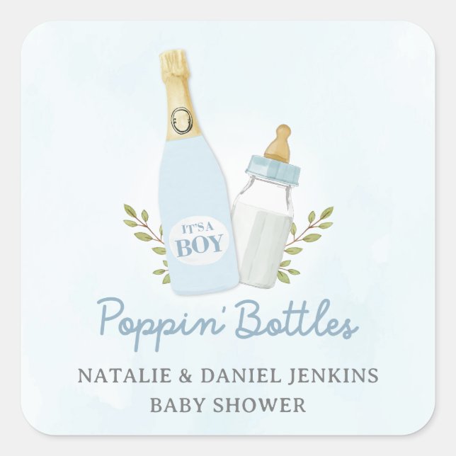 Sticker Carré Bouteilles Baby shower bleu (Devant)