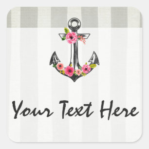 Sticker Carré Boutique de plage roses aquarelle ancre nautique