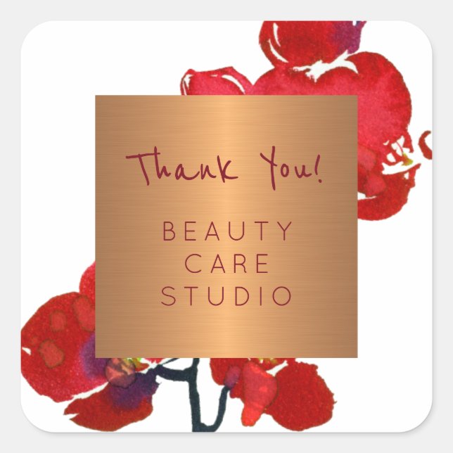 Sticker Carré Boutique studio cuivre orchidée métallique merci (Devant)