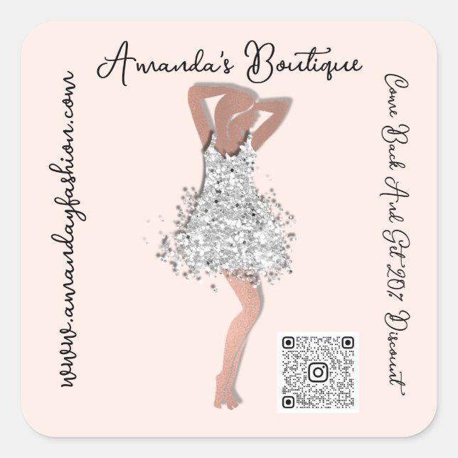 Sticker Carré Boutique Vetement Code Qr Rose Pailleté Étincelant (Devant)