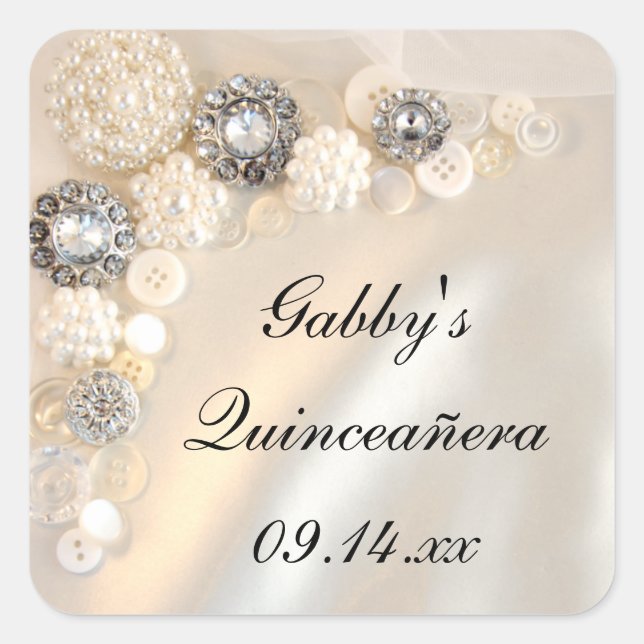 Sticker Carré Boutons de perles blanches et de diamants Quinceañ (Devant)