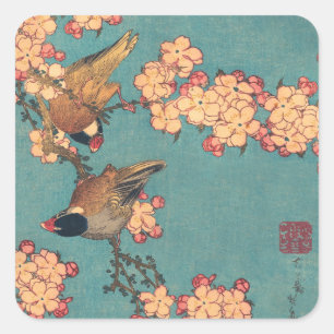 Sticker Carré Bouvreuil d'Hokusai et Cerisier Fleur Vintage Oise