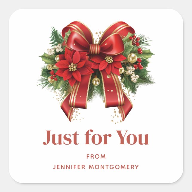 Sticker Carré Bow de Noël Festif Rouge et Or (Devant)