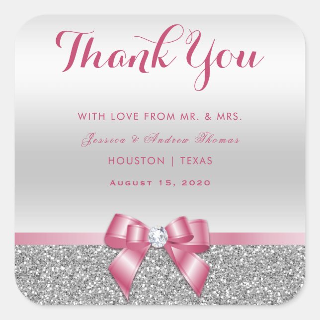 Sticker Carré Bow rose romantique et Merci Parties scintillant a (Devant)