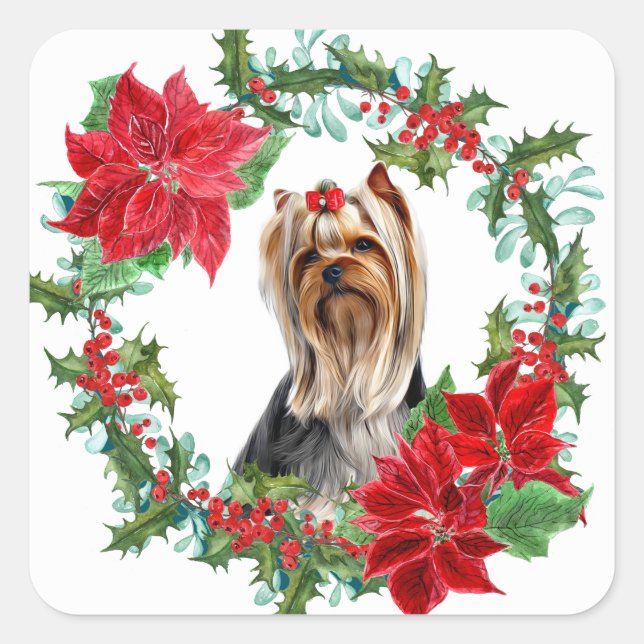 Sticker Carré Bow rouge Yorkshire Terrier Poinsettia Holly Wreat (Devant)