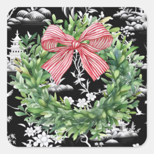 Sticker Carré Boxwood Wreath Chinoiserie Bow
