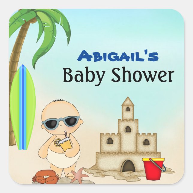 Sticker Carré Boy Beach Baby Sandcastle in Surfboard Baby shower (Devant)