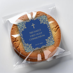 Sticker Carré Boy First Communion Royal Blue Faux Gold Feuilles