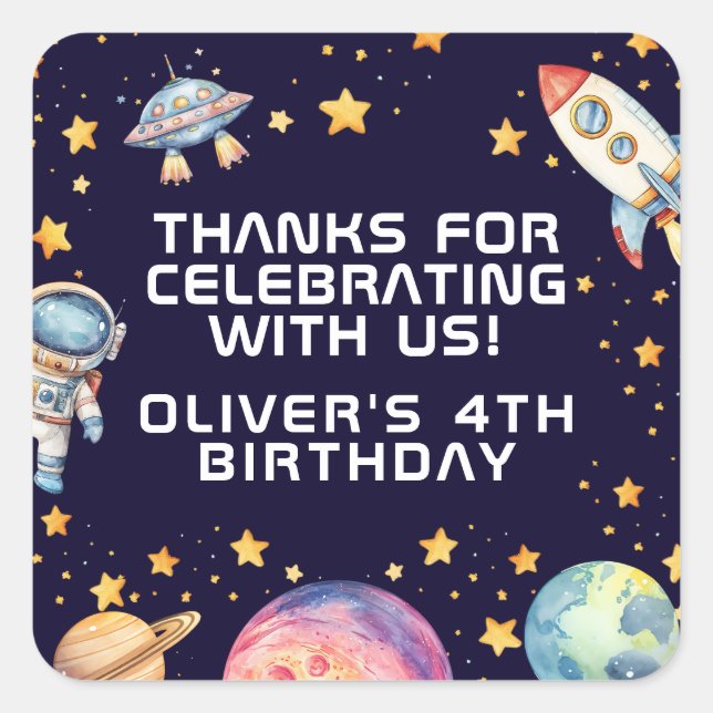 Sticker Carré Boy Modern Space Rocket Ship Anniversaire Fête Fav (Devant)