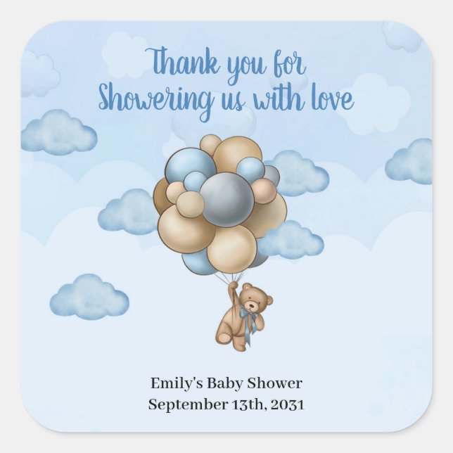 Sticker Carré Boy Teddy bear bleu brun beige ballons Classique (Devant)
