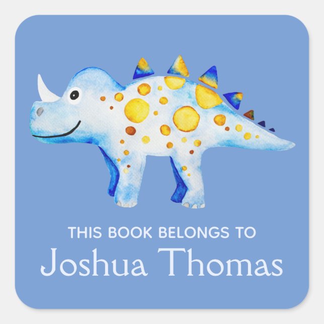 Sticker Carré Boys Blue Ce livre appartient Dinosaur et nom Enfa (Devant)
