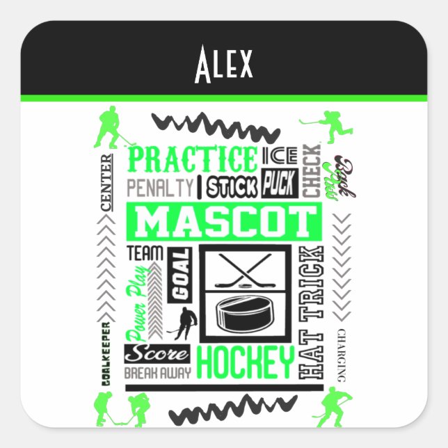 Sticker Carré Boys Hockey Terminologie Personnalisée Neon Green (Devant)