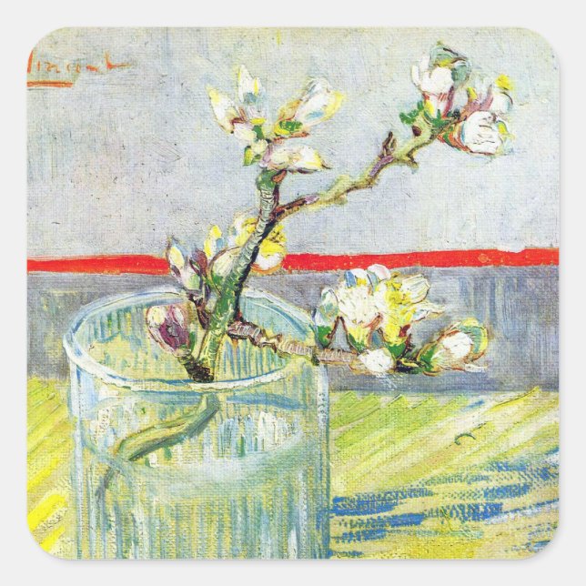 Sticker Carré Branche d'amande en fleurs par Vincent van Gogh (Devant)