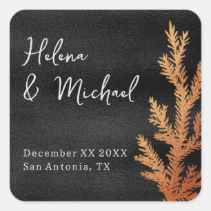 Sticker Carré Branche de pin pour mariage hivernal noir et cuivr