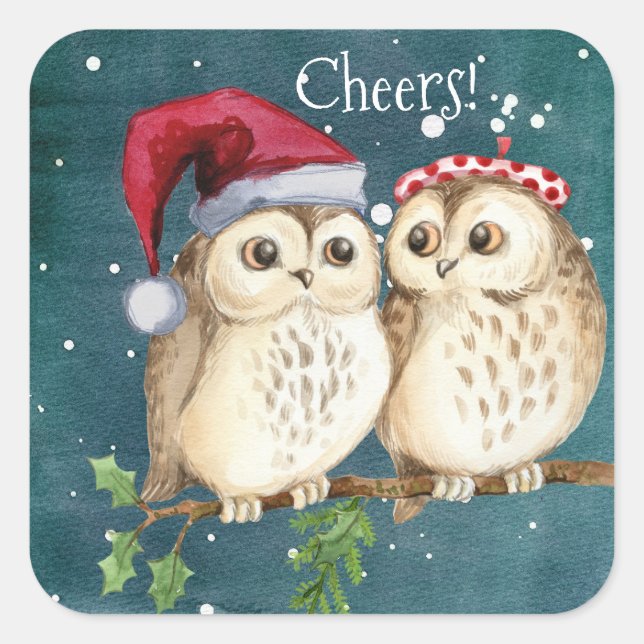 Sticker Carré Bravo du couple de chouettes de Noël (Devant)