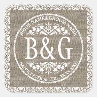 Sticker Carré Bride&Groom personnalisée Burlap&Lace