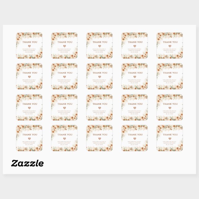 Sticker Carré Bright Boho Terracotta Floral Mariage Merci (Feuille)