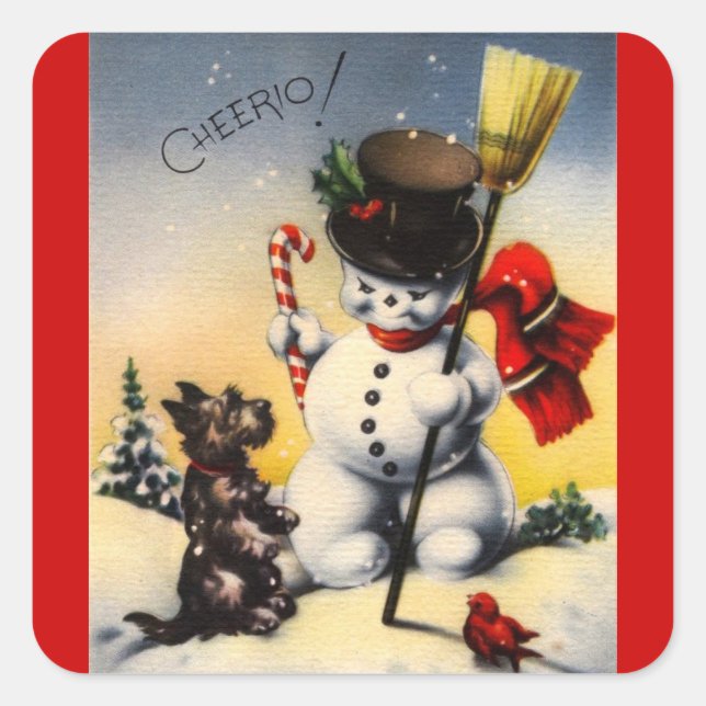 Sticker Carré British Snowman et Scotty Dog disent "Cheerio !" (Devant)