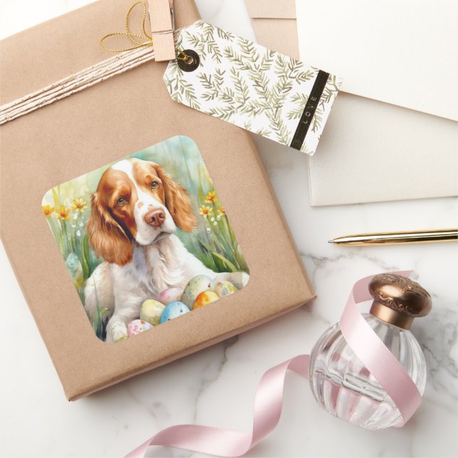 Sticker Carré Brittany Spaniel Chien avec Oeufs de Pâques Vacanc (Cadeaux)